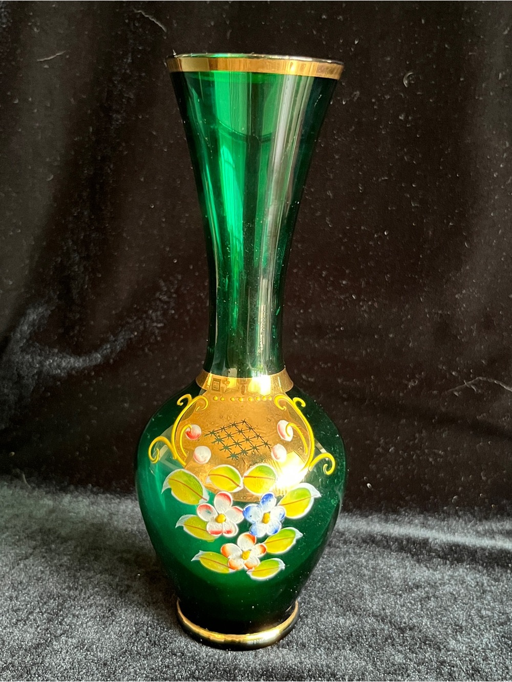 Vtg Bohemian Emerald Green Art Glass Vase with Hand Painted Enamel Flower Design